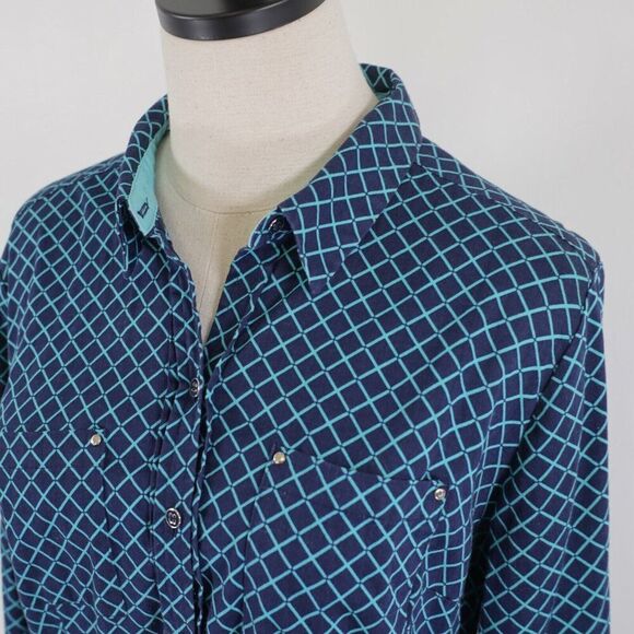 New York & Company 7th Avenue Collared Button Front Shirt Top Large Blue Teal - Picture 3 of 12